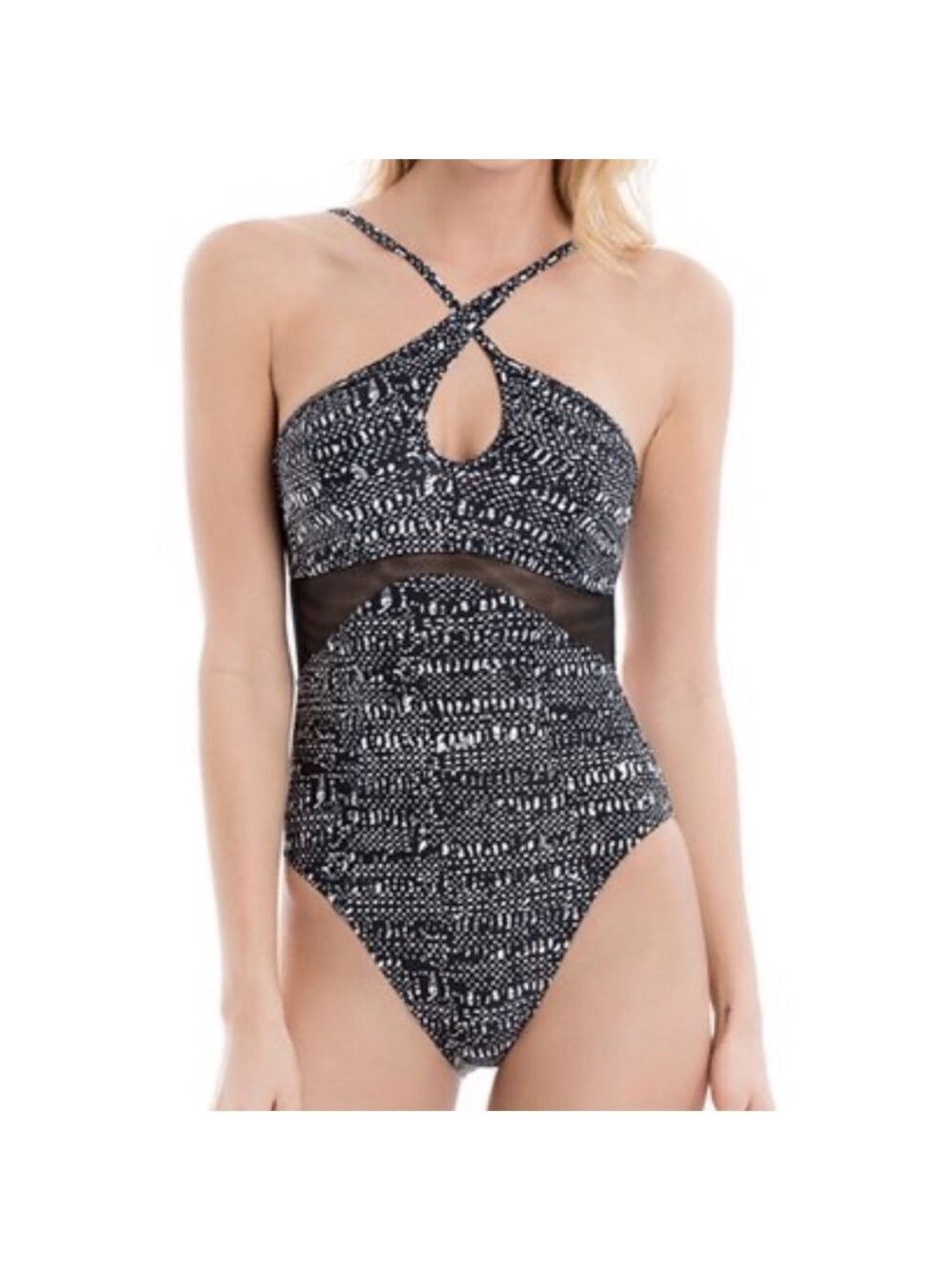 Lole Natadola Crossfront One Piece Black & Beige Print Swimsuit, size XS